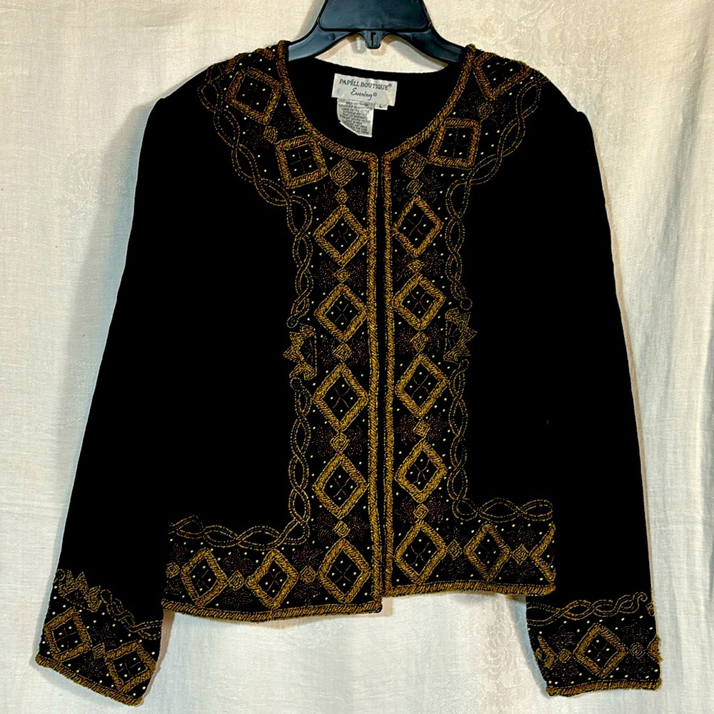 1980s Papell Boutique ladies Black Beaded Evening Jacket Holiday Designer